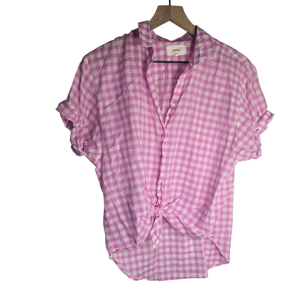 Xirena Beau Gingham Button Down Shirt Womens XS Pink White Cotton Blend Preppy